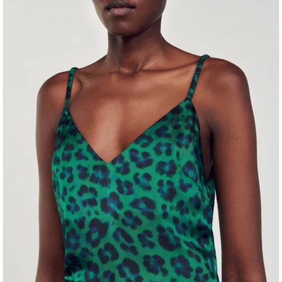 Sandro Amazonie Leopard Print Satin Midi Slip Dress Green Animal Print US 4 - Picture 2 of 16